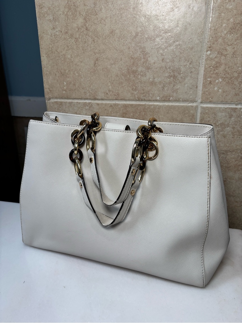 Michael Kors White Saffiano-Style Tote with Gold Chain Handles